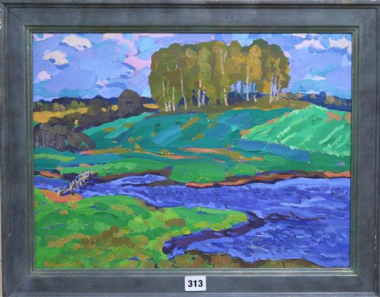 Yuri Matushevski (1930-1999) River landscape 35 x 47cm